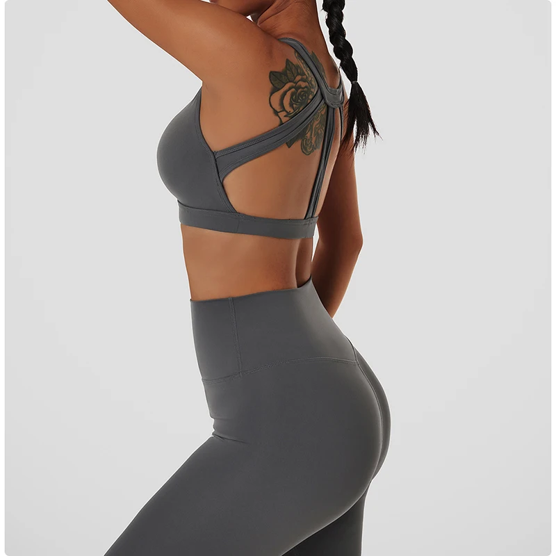 Unique Fitness Yoga Wear Sexy Strappy Back Recycled Nylon Sports Bra Custom
