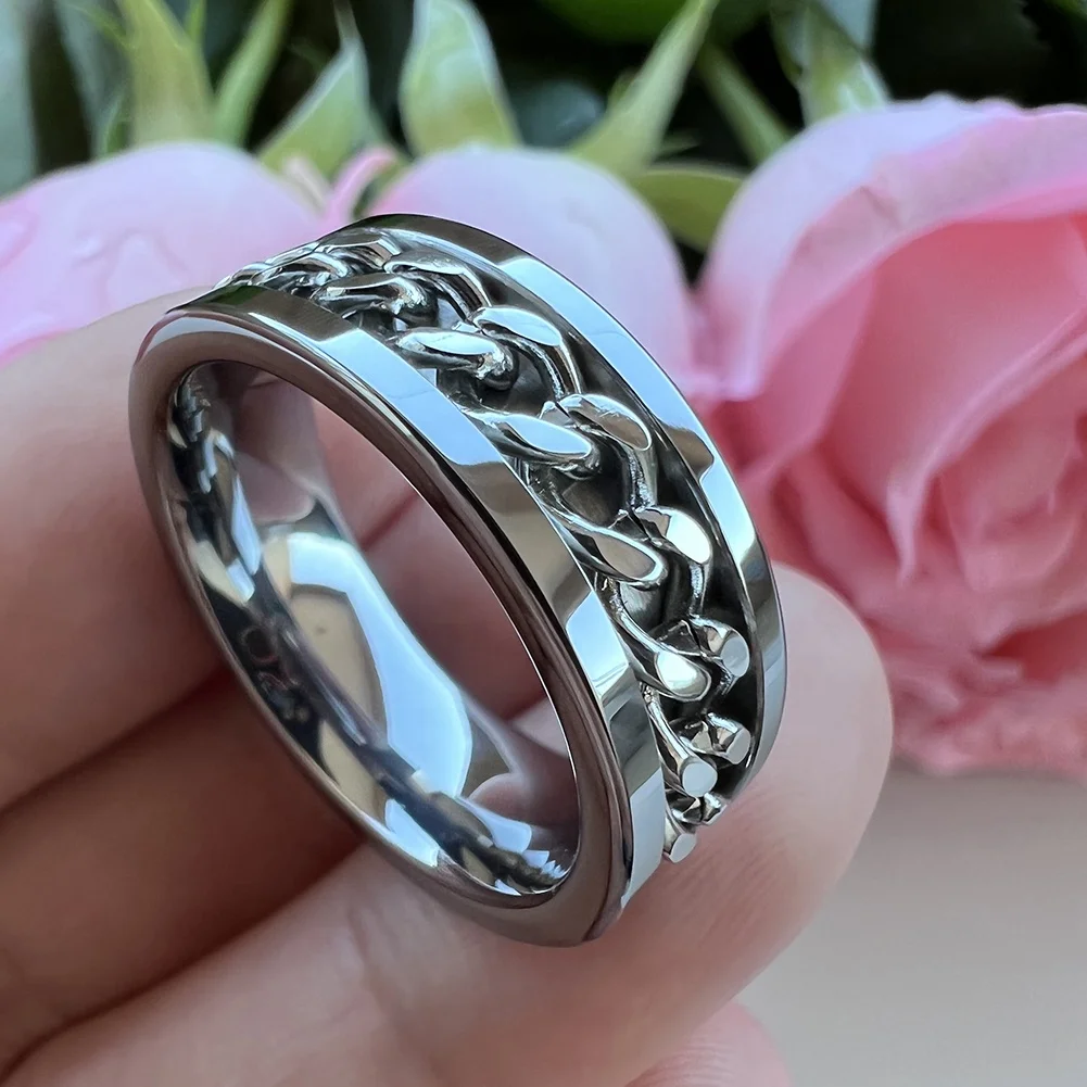 Coolstyle Jewelry 8mm Tungsten Spinner Anxiety Release Ring Men Women Steel Chain Inlay Fashion Engagement Wedding Band