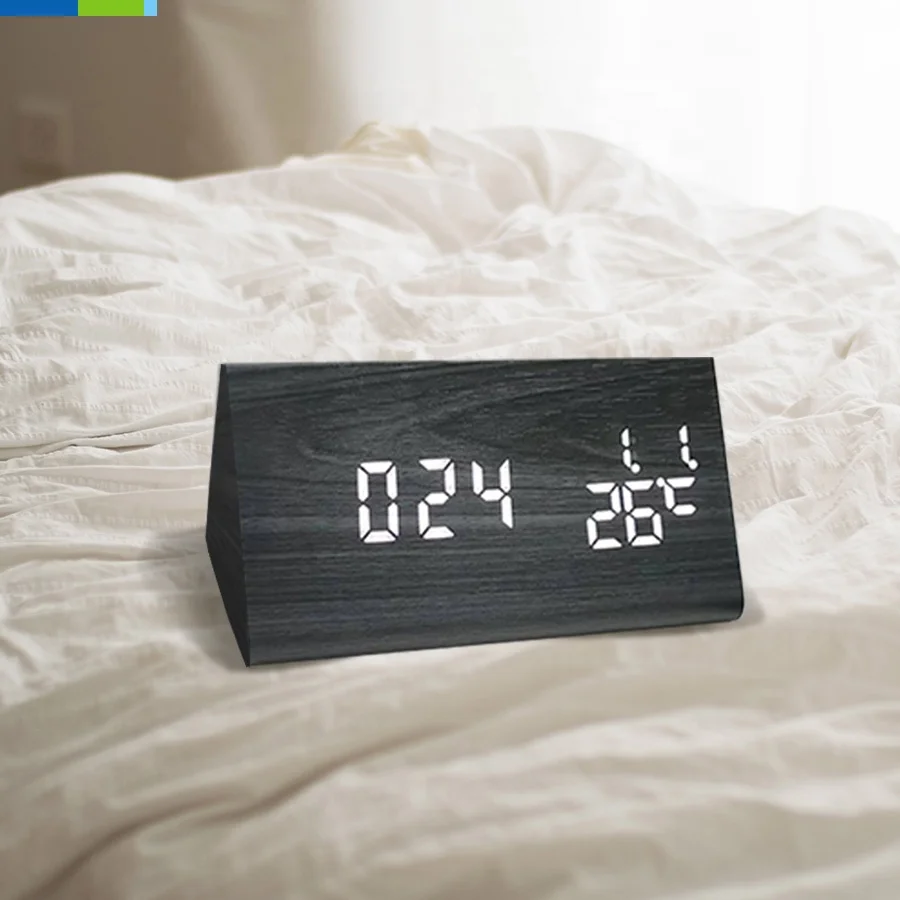 LCD Digital LED Wooden Square Alarm Clock Time Date Temperature Display-Smart Table Clocks Night Light Lamp Desktop Decoration