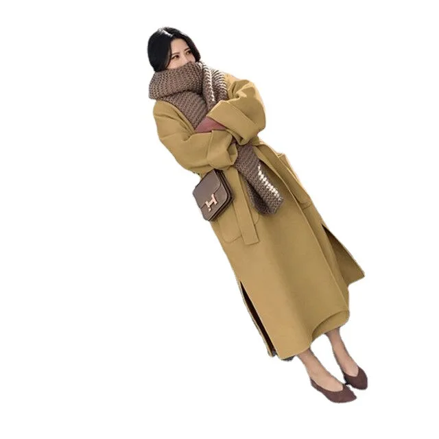 Wholesale Autumn Wool Winter Coats Women with Belt Lapel Solid Color Loose Cardigan Elegant Long Wool Coat For Women