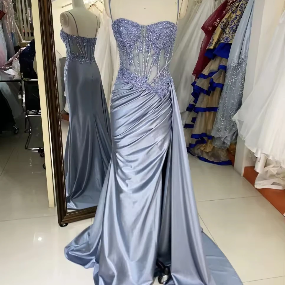 2025 wholesale corset dusty blue sleeveless embroidery hand pleated shiny satin overskirt mermaid prom evening dresses