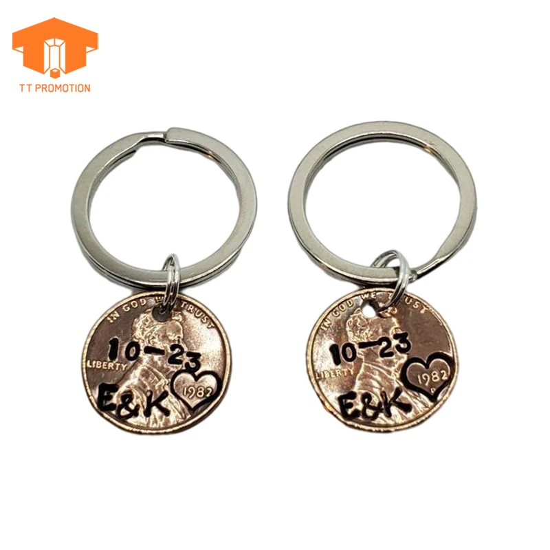 Couple Customization Logo Stainless Steel Round Key Ring Retro Copper Metal Keychains Key Chain In Bulk  Customized Keychain