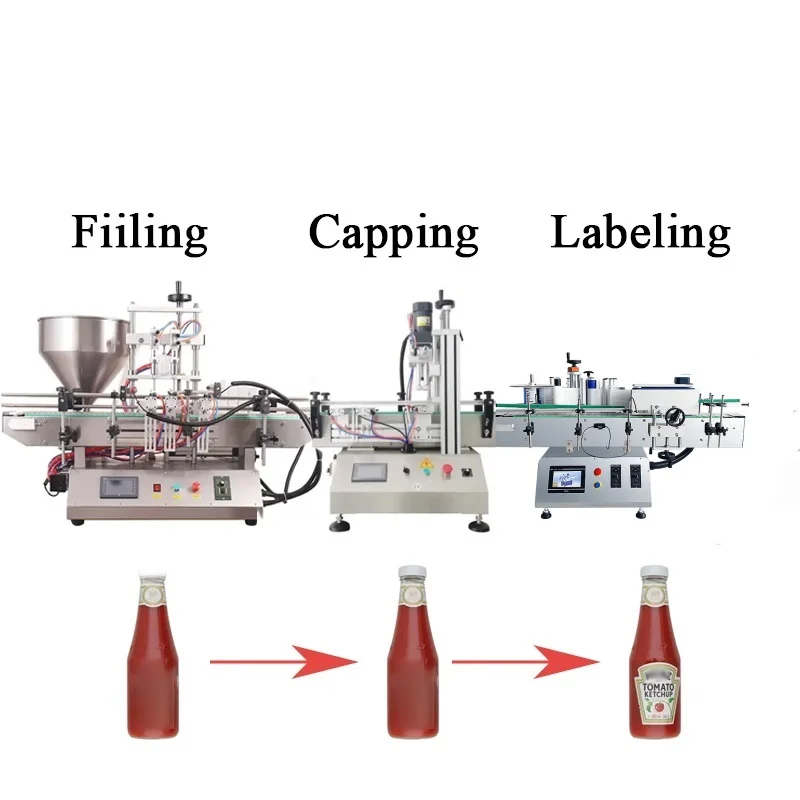 YK Automatic Desktop Food Jam Cosmetic Cream Juice Shower Gel Oil Paste Filling Capping And Labeling Machine line