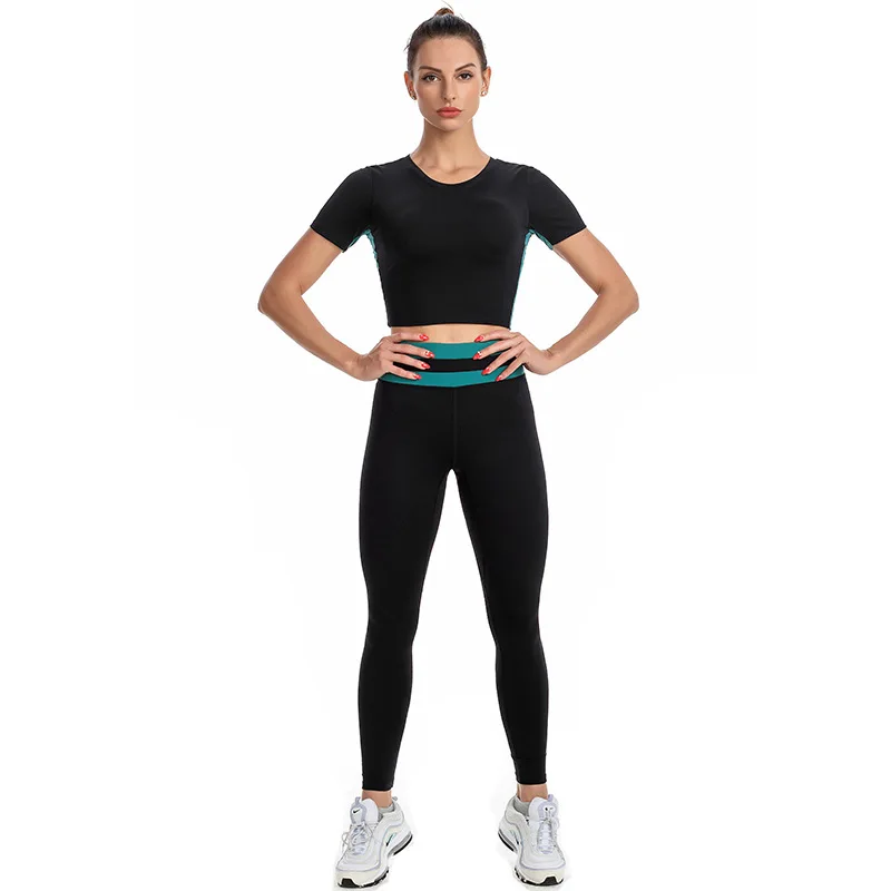 
Dropshipping 2021 new fitness sports short sleeved T-shirt top high waist leggings set Fitness biker pants yoga set for women 