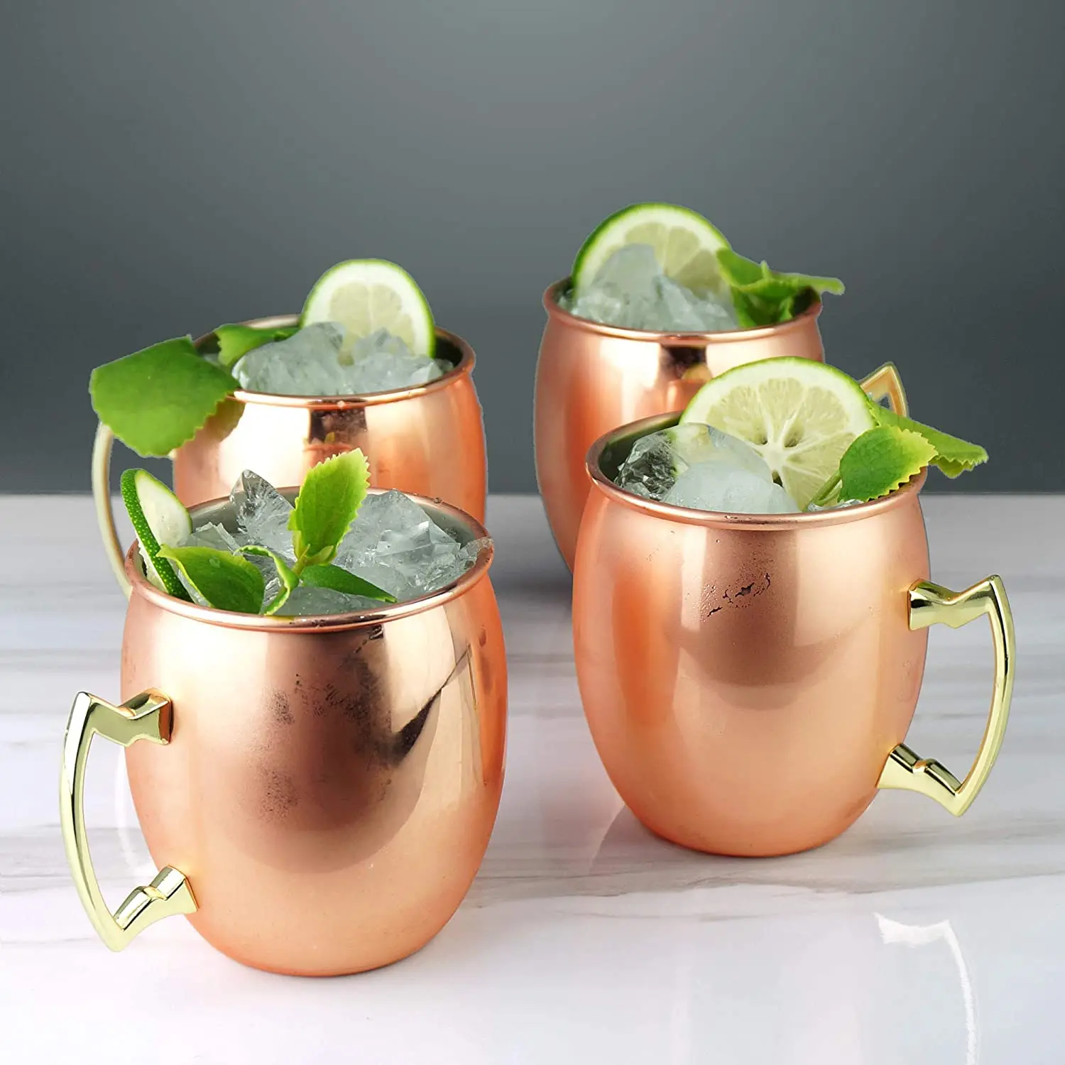 Moscow Mule Mugs  Large Size 19 ounces Set of 4 Hammered Cups Stainless Steel Lining Pure Copper Plating Gold Brass Handles