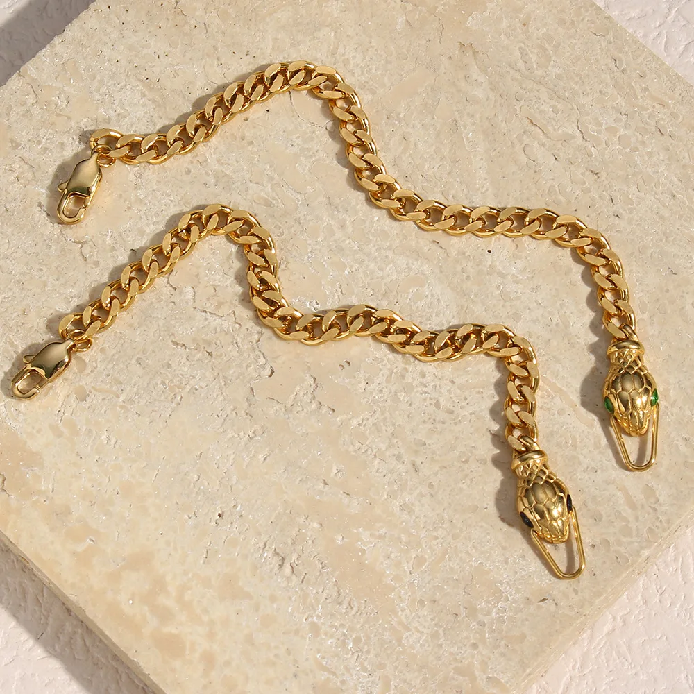 Fashion Stainless Steel Chunky Cuban Chain Snake Head Shape Charm Bracelet 18k Gold Plate Snake Bracelet Bangle Jewelry