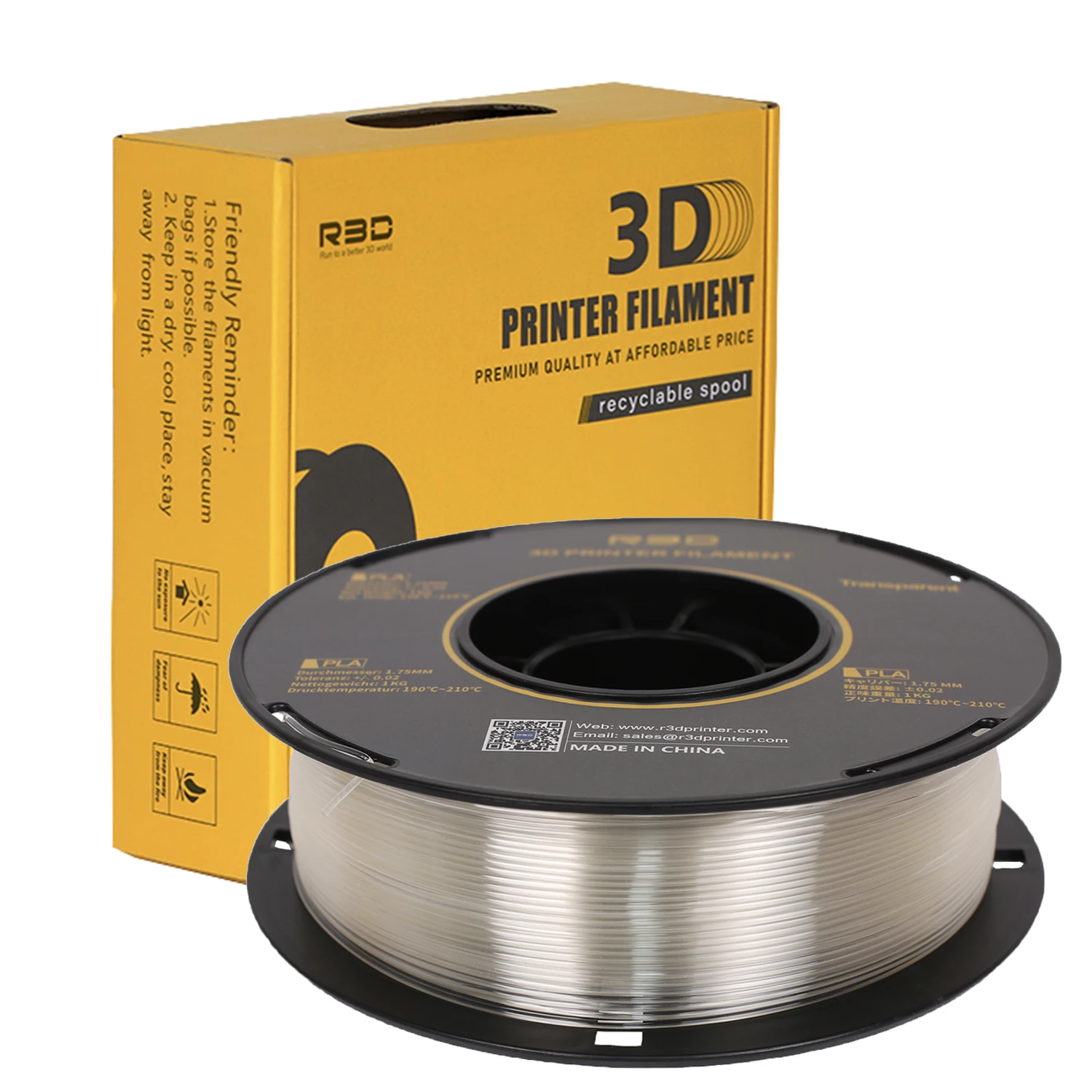 R3D Transparent PLA Filament for 3d Printer PLA 1KG/Spool Neat Winding Eco Plastic