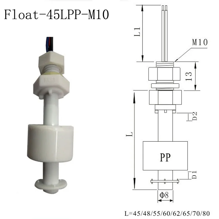 Float-45LPP-M10 Magnetic Liquid Level Sensor Fluid Level Indicator Water Tank Float Ball Switch Plastic Level Controller