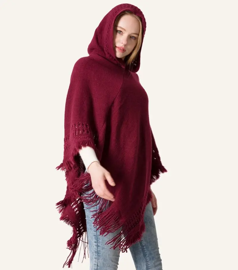 oversized fashion knit tassels cloak capes phocho sweater  scarf Knitted hooded cape shawl