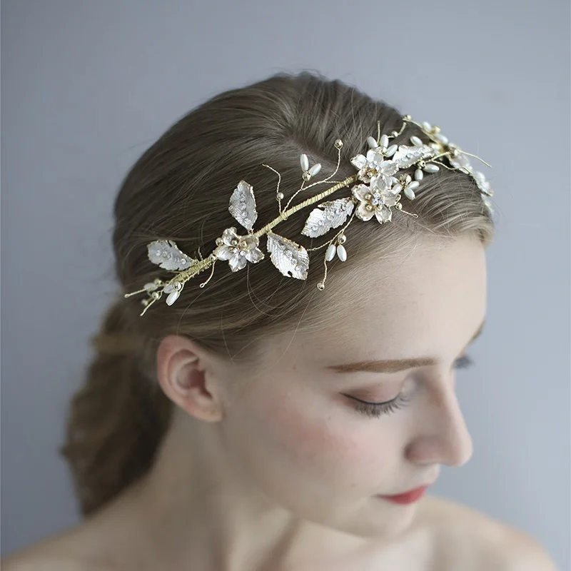 Светлый 14 K позолоченный белый окрашенный лист жемчуг свадебные волосы лоза ювелирные изделия