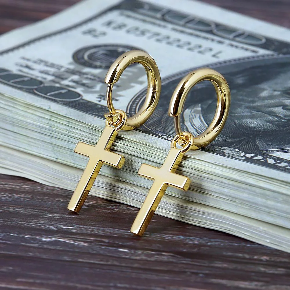 Wholesale IN Stock Huggie Hoop Earrings 925 Sterling Silver 14K White Gold Plated Big Cross Dangle Hinged Earrings for Men Women