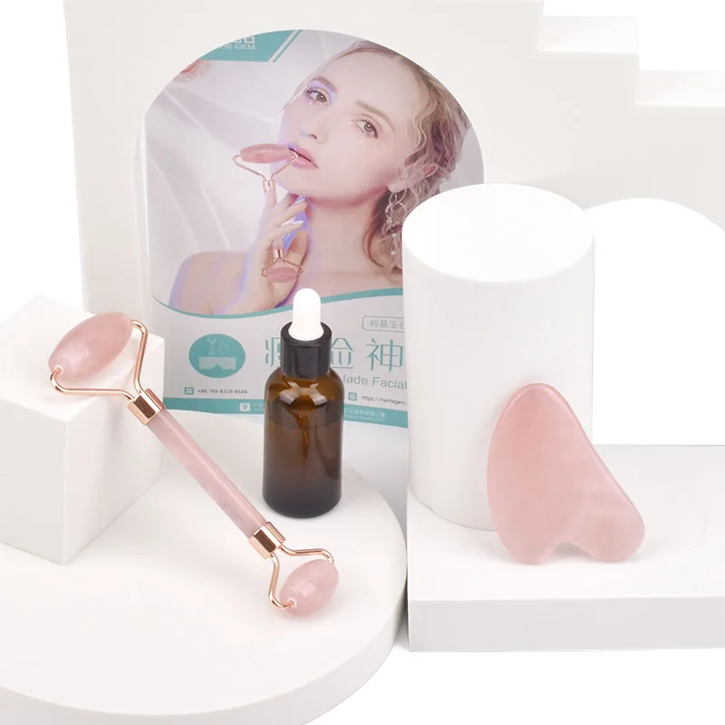 Fashions Women Gifts Face Lifting  Jade Roller And Gua Sha Tool Set Pink Rose Quartz Facial Massage Jaderoller GuaSha stone Set