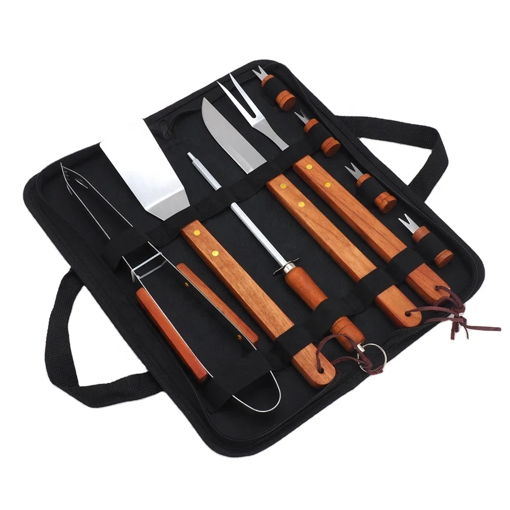 Outdoor Portable  10PCS  Wooden Handle Cookware BBQ Tool Set With Carry Bag For BBQ Kit Corn Holder