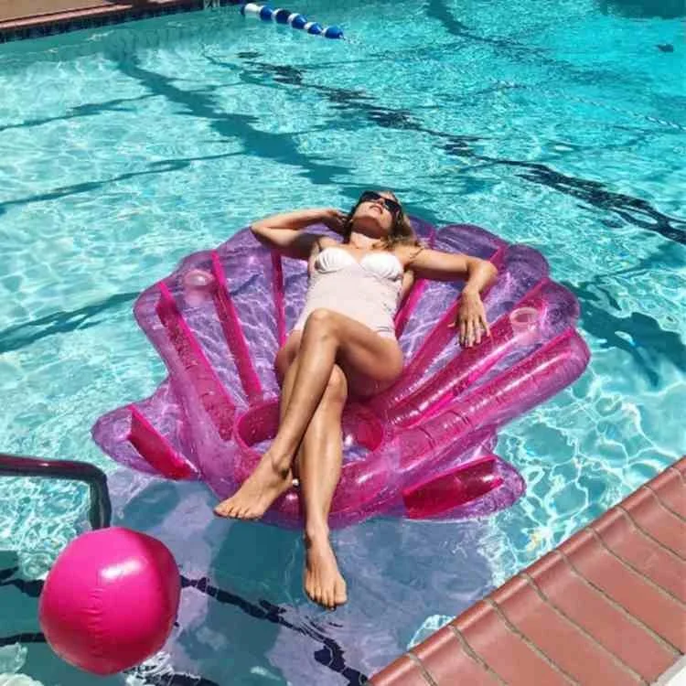 Pink Scallops Row Eco-friendly Water Mattress Swimming Rings Sea Inflatable Floating Raft Pool Transparent Water Entertainment