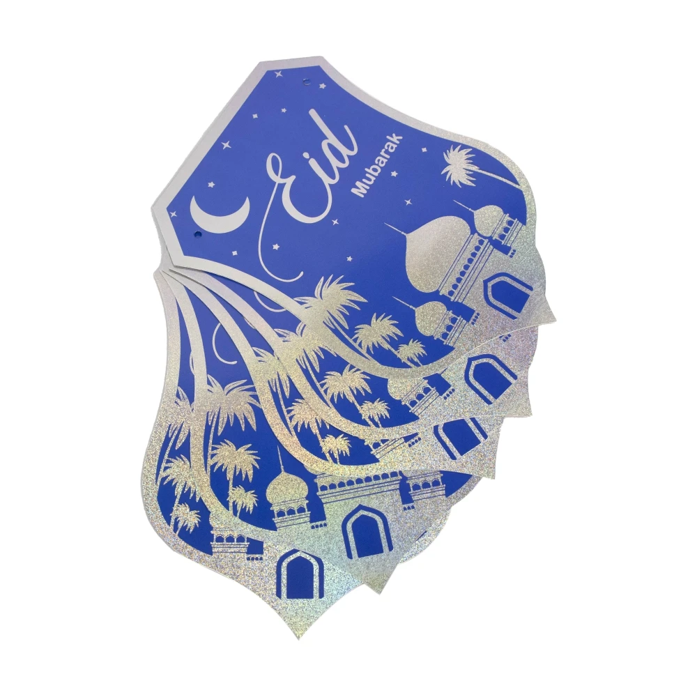 Blue Eid Banner Garland Muslim Eid Party Hanging Decorations Glitter Silver Foiled Eid Mubarak Paper Bunting With Moon Mosque