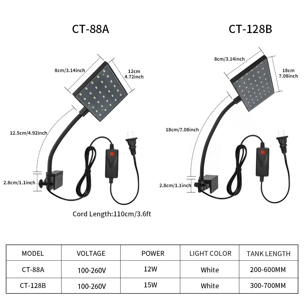 12W 15W Fish Tank Water Plant Led Energy-Saving Light Household Aquarium Viewing Light Bracket Clamp Light