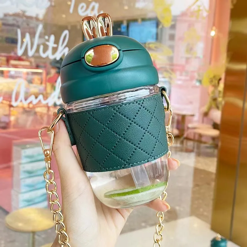 380ml 580ml cute rabbit ear Plastic water bottle Cup ins girl kids portable plastic bottle with straw pearls metal chain strap