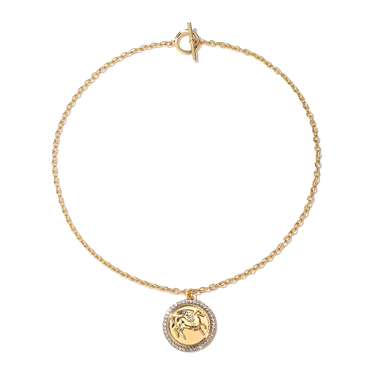 KJ Design Round Disc Coins Animal Horse Pattern Carving Pendant Necklace Earrings Set