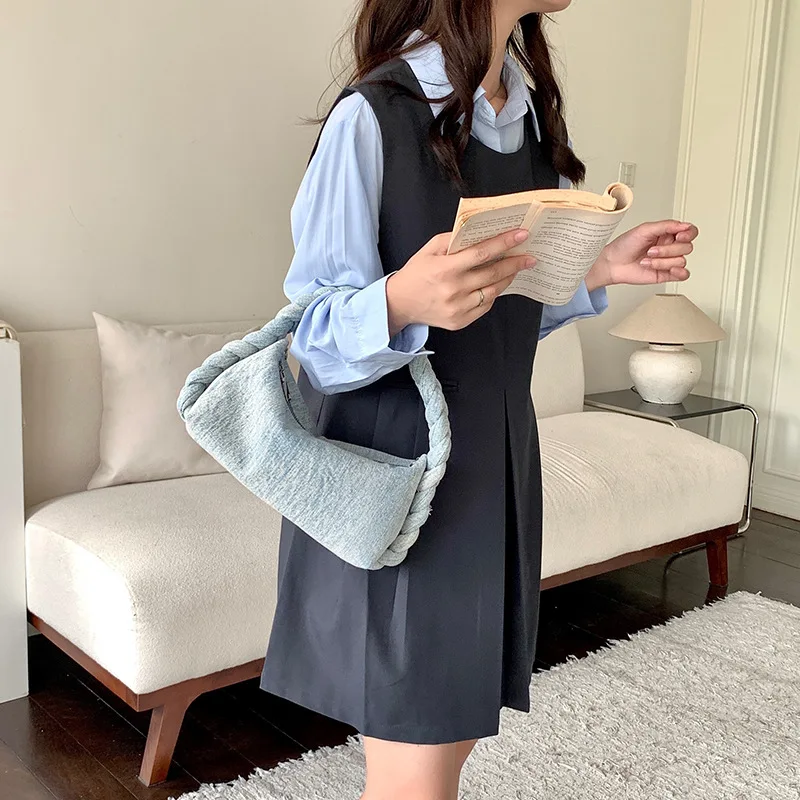 E2918 Newest Women Denim Purse Vintage Jean Purse Woven Top Handle Handbags Lightweight Designer Crossbody Bags with Chain