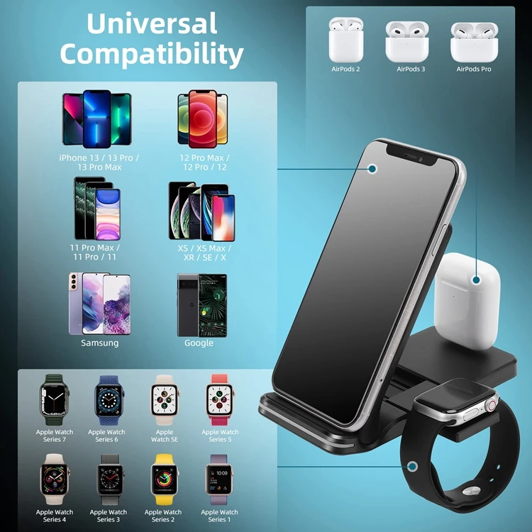 2022  Factory Price Foldable High Quality  15w 3 In 1 Wireless Charger For Iphone 13 12 11 For Samsung Galaxy Note 20