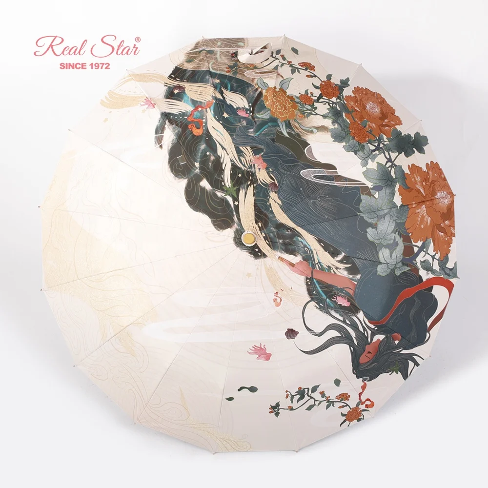 RST luxury Chinese traditional style 16 ribs fold golden frame umbrella wood handle UV sun umbrella