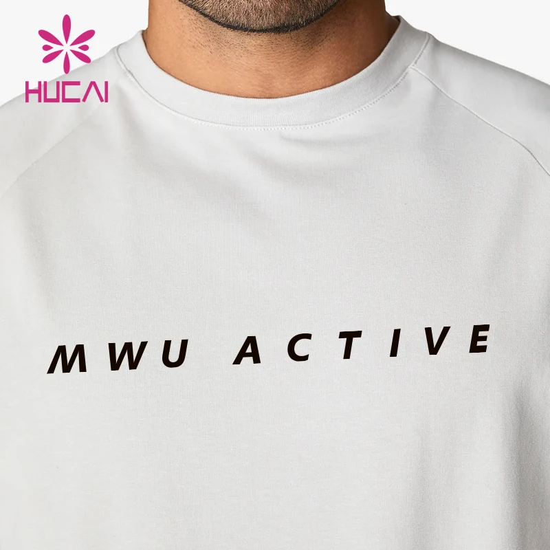 HUCAI Custom 95% cotton spandex Crew neck short raglan sleeve Relaxed fit training gym t shirt for men