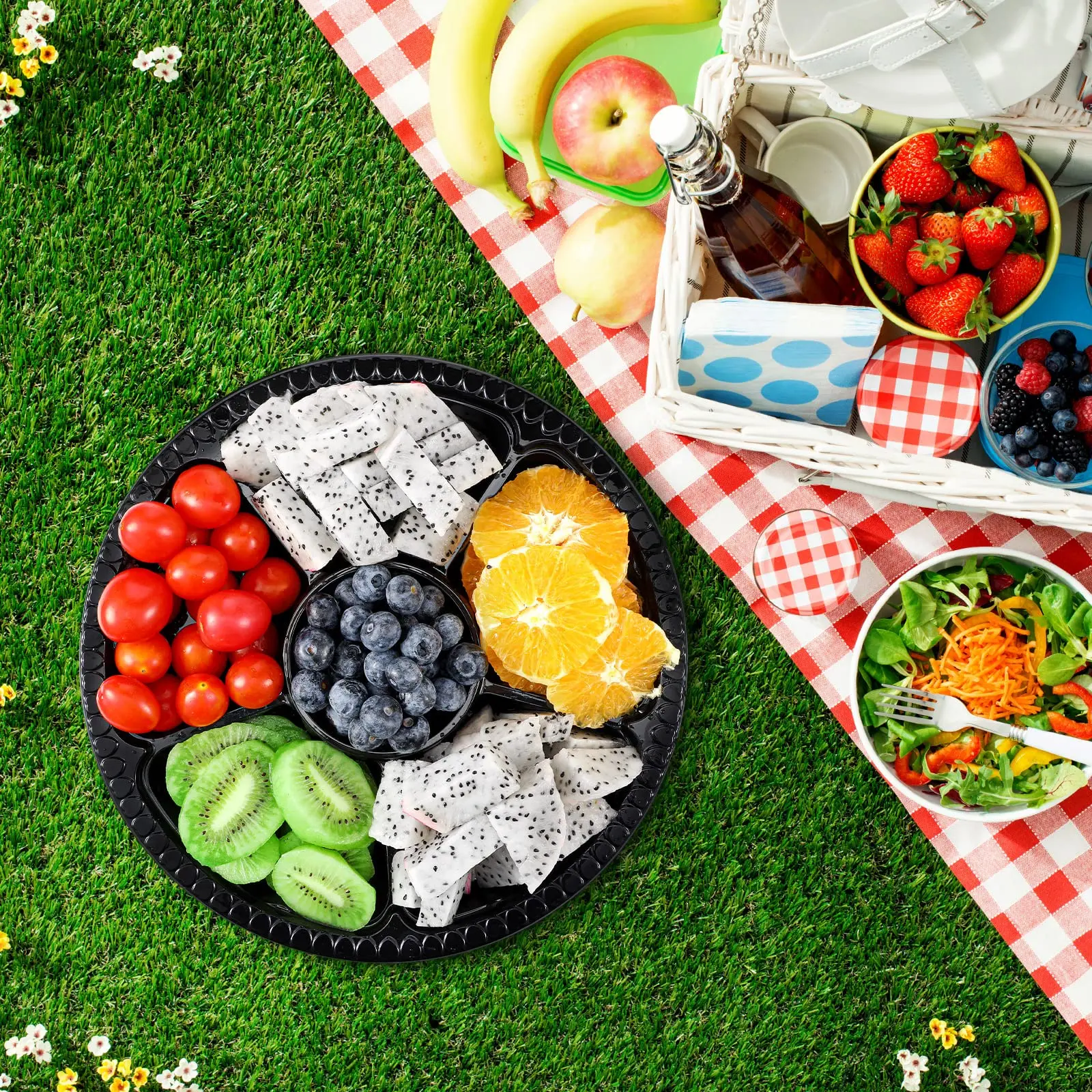 Factory Wholesale Custom Disposable Food Fruit Serving Tray Clear Packing Takeaway Container Packaging Tray with Black Lids