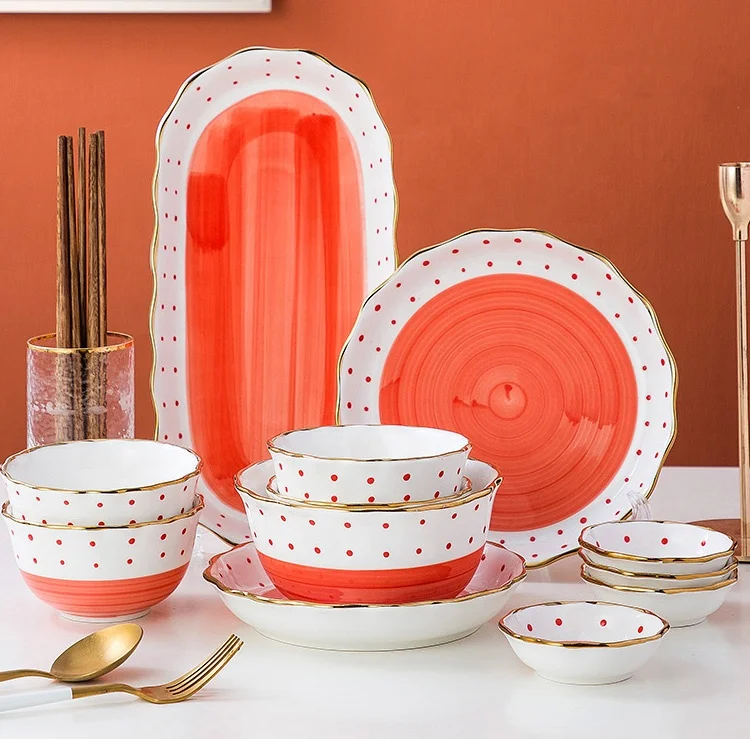 Household Japanese polka dot design ceramic orange glaze bowl plate steak plate