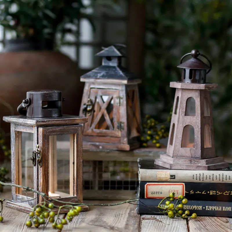 Nordic iron art metal creative wedding decoration handheld wooden wind lamp candle lantern