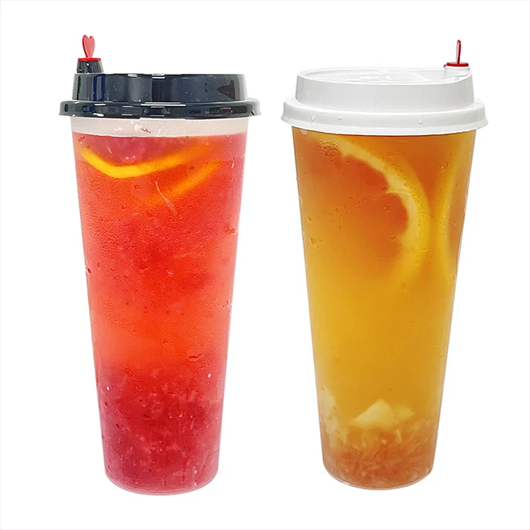 wholesale Disposable 500ml 700ml juice bubble tea cups holographic rainbow film plastic cup with lids