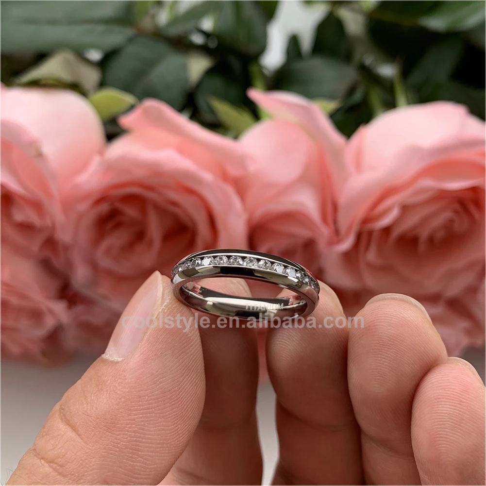 
4mm Women Stainless Steel Ring Eternity Wedding Engagement Band Polished Shiny Domed Sparking Cubic Zirconia Inlay Comfort Fit 