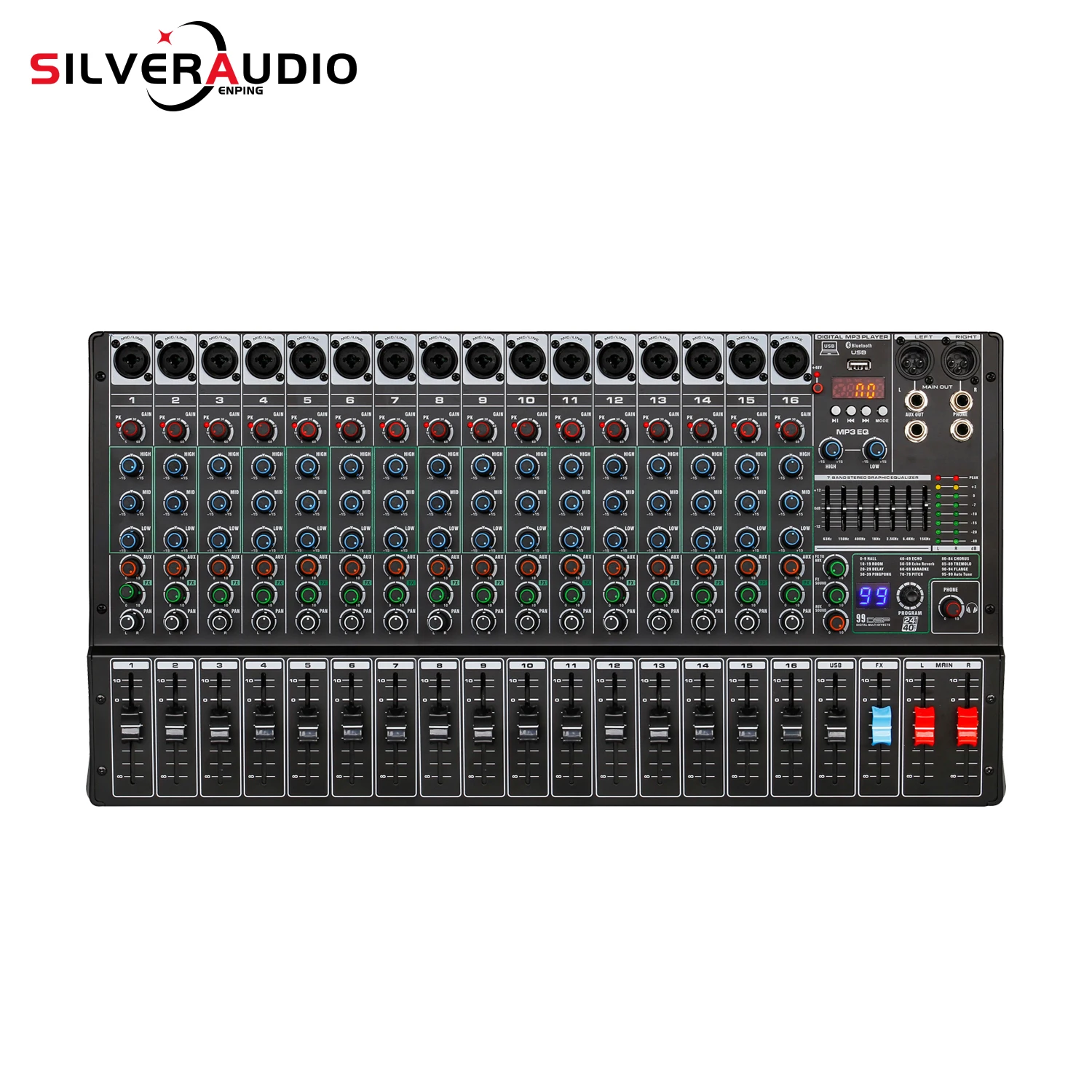 GAX-TK16 Newly Designed Music Equipment Studio Professional 16 Channel Mixer with 99 DSP Digital Reverb Effects 60MM Attenuator