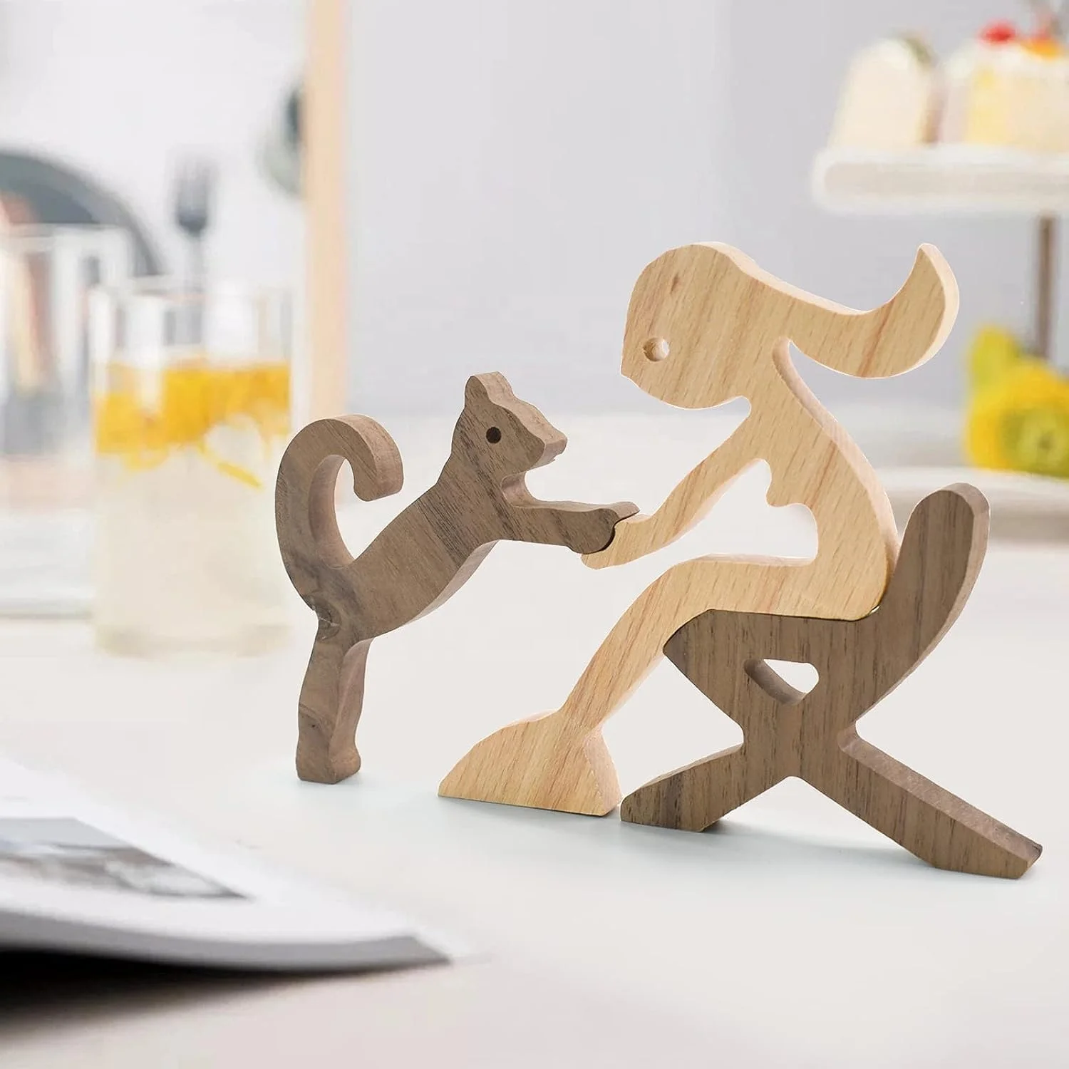 Home Office Decor Tabletop Decorative Ornaments Cat Figurines and Human Statue Wood Sculpture Wooden Pet Carvings
