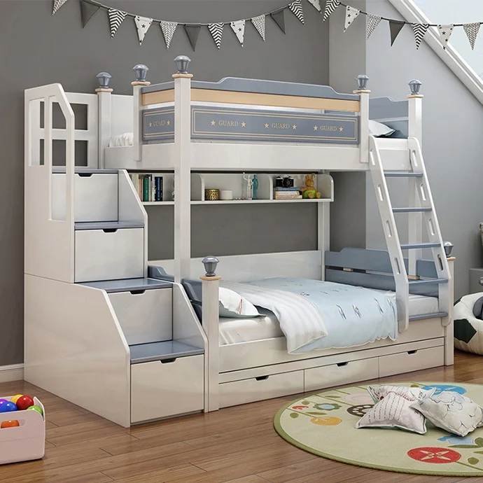 Двуспальная кровать, деревянная современная кровать для спальни, двухъярусная кровать, детская мебель с лестницей