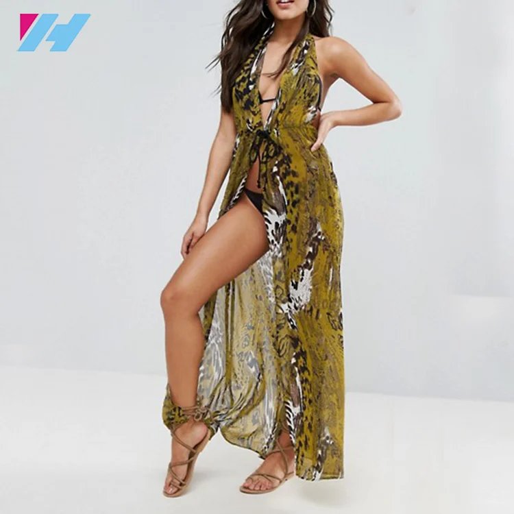 DONGGUAN Yihao New Listing Women Maxi Dress Beach Dress Open Back Sleeveless Summer Casual Dresses Printed Chiffon Pleated