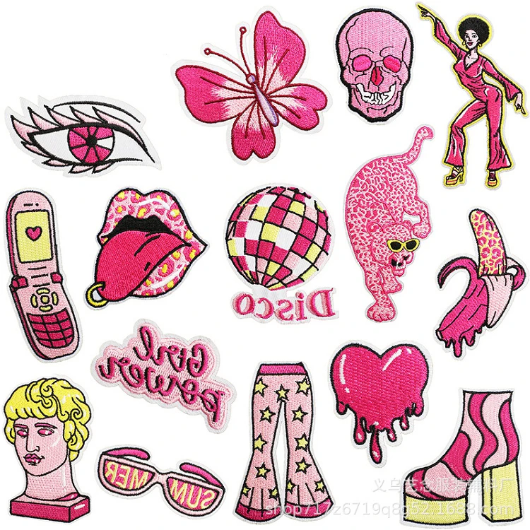 Wholesale 3D personalized Neon hot pink assorted western embroidery patches iron on small tongue trucker hat patch heat transfer