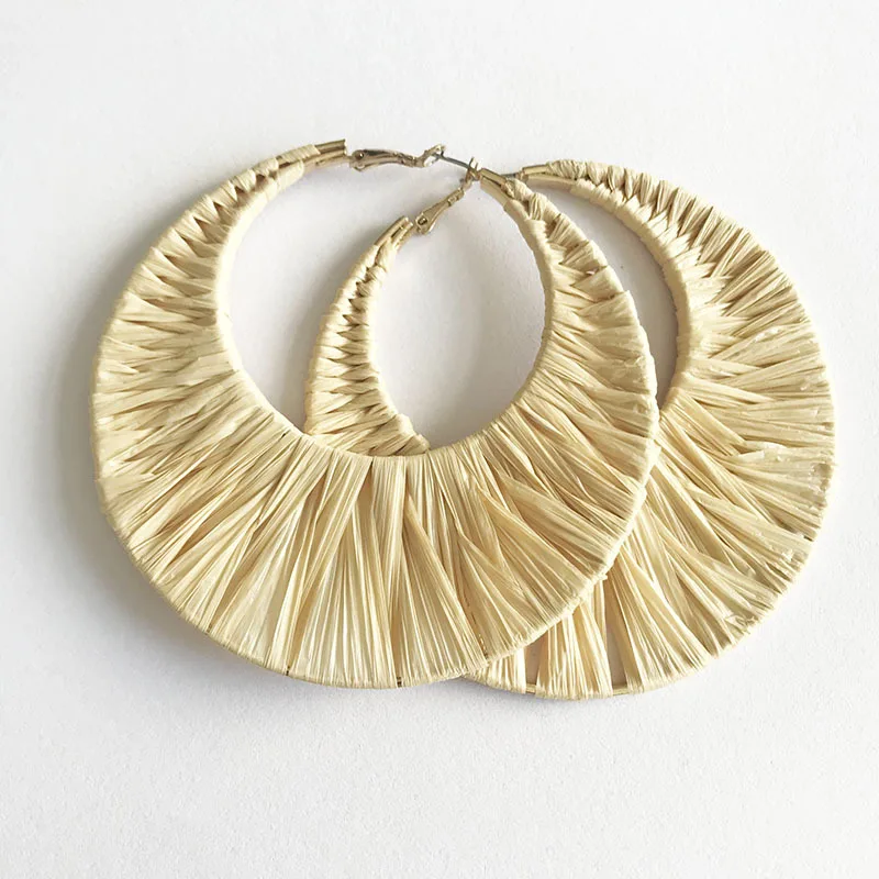 Large Round Circle Earring Straw Rattan Jewelry Beach Plain Color Exaggerated Handmade Earrings
