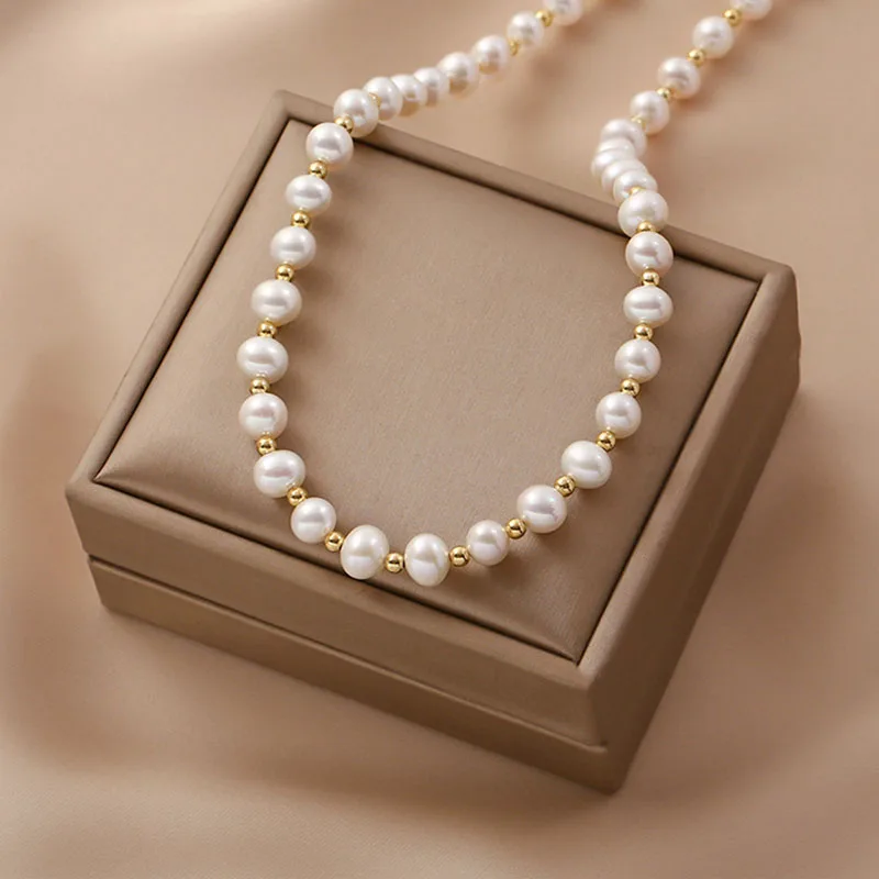 INS Trendy 14K Gold Filled Yellow Gold Ball Beaded Pearl  Necklaces Natural Freshwater Rice Pearl Necklace for Women