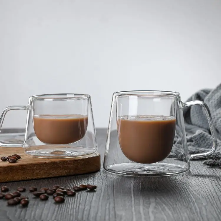 Wholesale double layer hollow heat-resistant glass coffee cup with handle