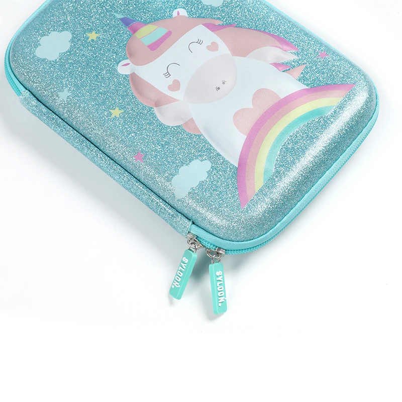 Cute Custom Logo Blue Glitter Pu Cover Pencil Pouch 3D Embossed Unicorn Design Pencil Case Bag For Girls