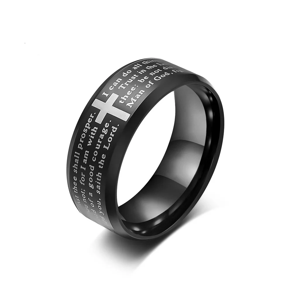 C&J silver black color tungsten steel stainless steel mens cross rings engraved Philippi rings Christian church cross ring