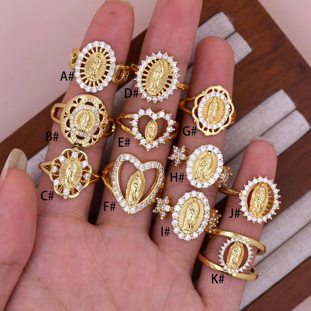 Wholesale Catholic Religious Jewelry Items Gold Plated Open Cuff Micro Pave Cubic Zirconia Virgin Mary Rings Catholic Jewelry