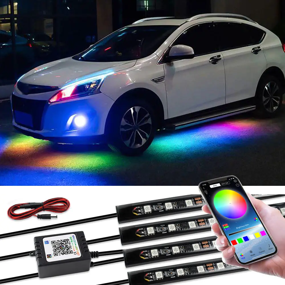 Управление через приложение, бесперебойный цвет, RGB автомобильный светильник, комплект, неоновый светильник для нижнего корпуса, автомобильная светодиодная лента