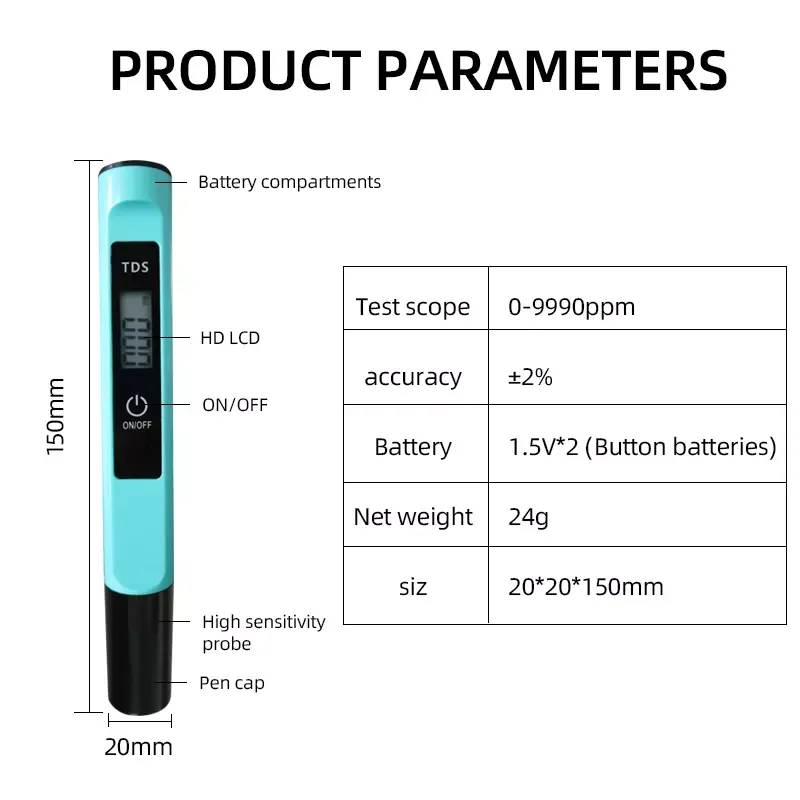 Portable water quality pH detector TDS detection