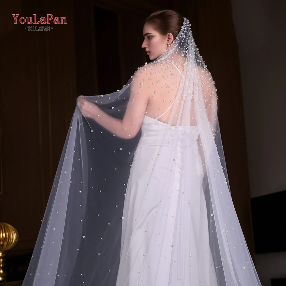 YouLaPan V139 Luxury New Design High End Beaded Bridal Veil White Off White 3/4/5M Cathedral Long Wedding Pearls Veil