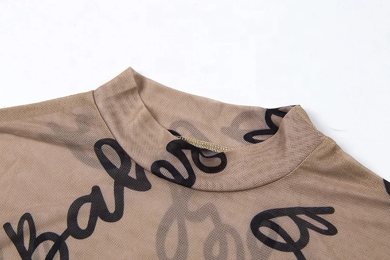 Private Label Custom sexy print long sleeve see though mesh bodycon Bodysuit for women