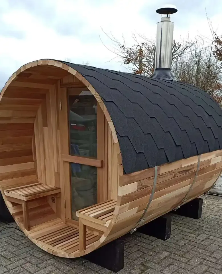 4 Person High End Red Cedar Wooden Sauna Barrel Rooms with Panorama Window and Front Porch