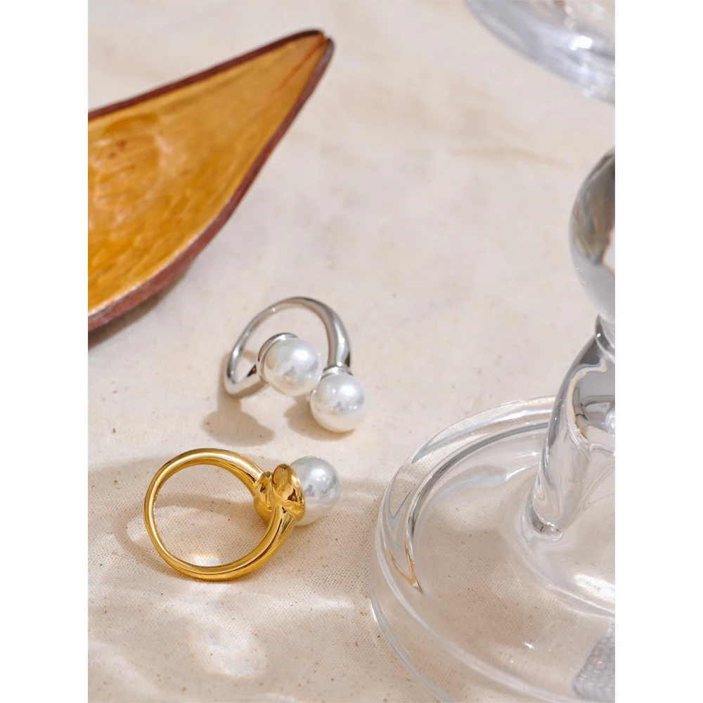JINYOU 4483 New Arrival Double Simulated Pearls Open Ring Exquisite Stainless Steel Open Adjustable Ring for Women Jewelry Gift