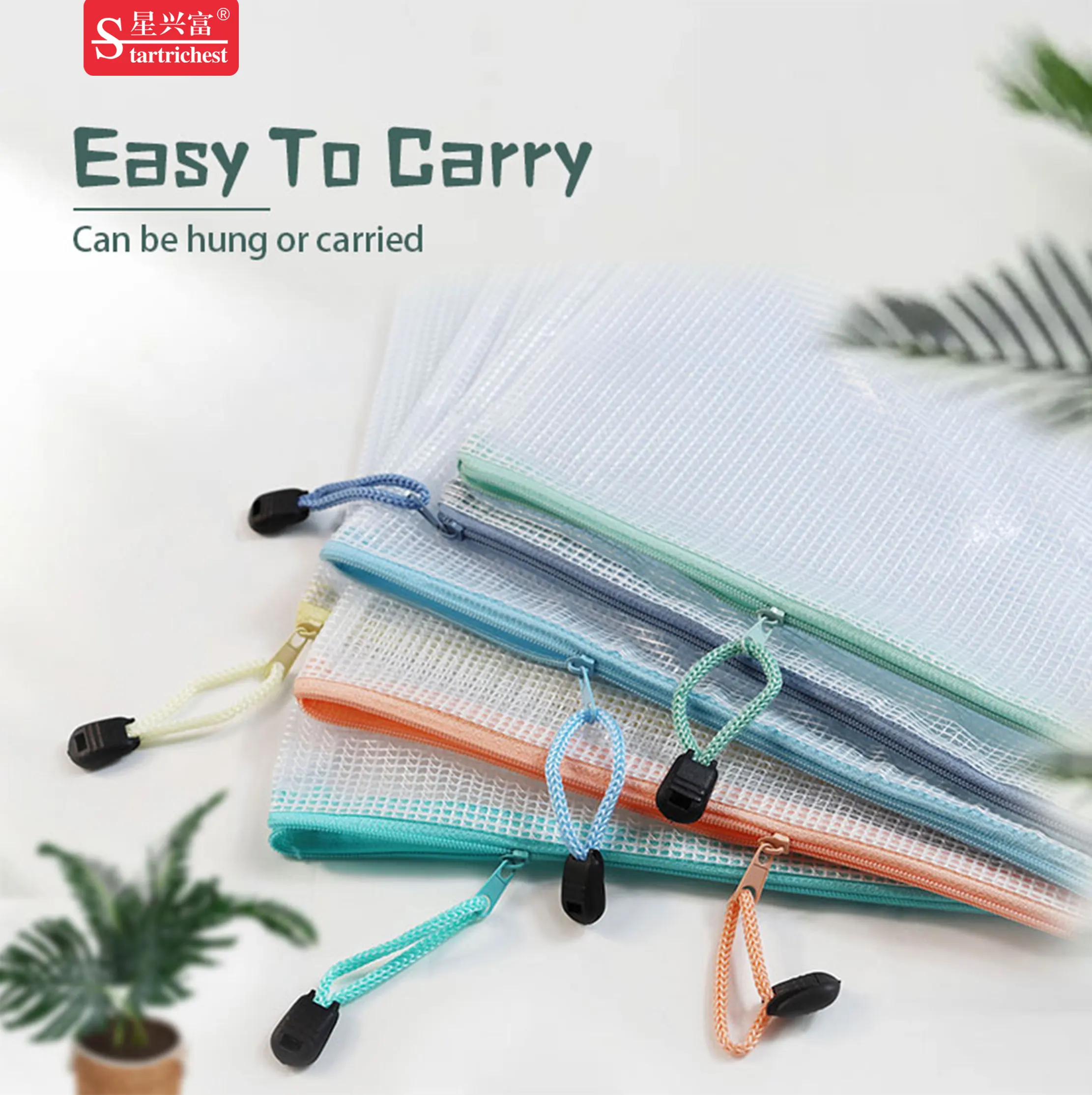 Custom Logo A4 Macaron Color Zip Lock Mesh Files Folder Clear PVC Documents Storage Bags Zipper File Bag