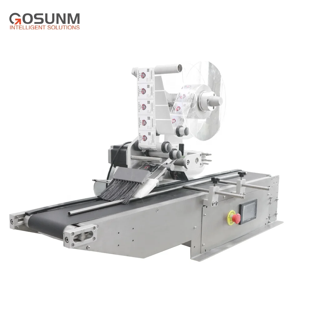 Automatic paper carton plastic doypack sticker tabletop flat surface labeling machine applicator